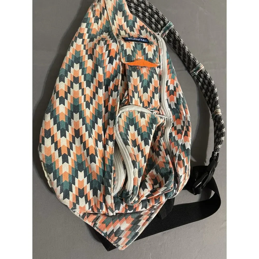 Kavu Rope Sling Bag Geometric Chevron Orange Teal Canvas Crossbody Great